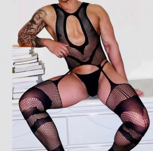 1pc Men’s Sexy Fishnet Bodysuit With Open Crotch, Hollow Out