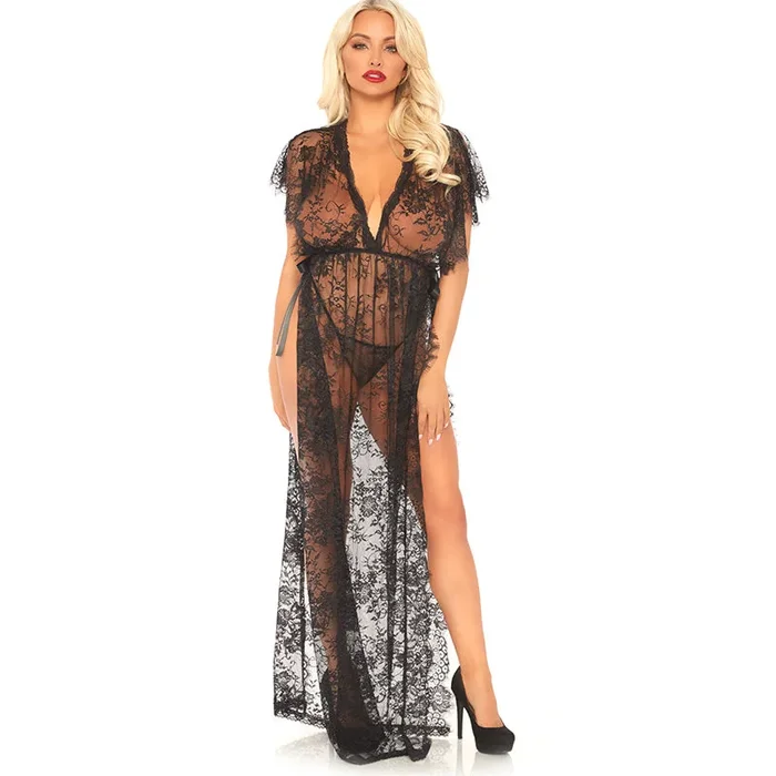 2pc Eyelash lace long kaftan robe with satin ribbon side ties and matching g-string. Black SML/MED