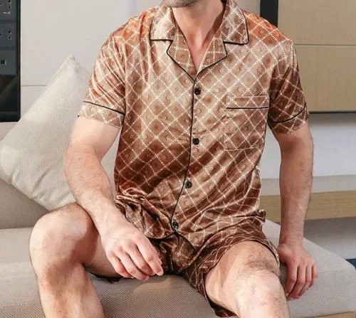 2pcs Men’s Ice Silk Thin Short Sleeve Pajama