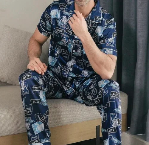 2pcs/Set Men’s Silk Pajamas With Short Sleeve & Long Pants, Summer Lightweight A