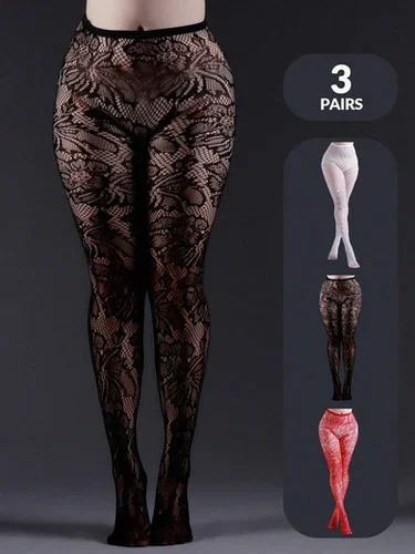 3 Pairs Plus Size Women Basic Fishnet Stockings