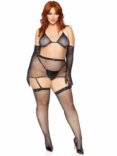 5 PC Rhinestone fishnet garter skirt set BLACK 1X-2X