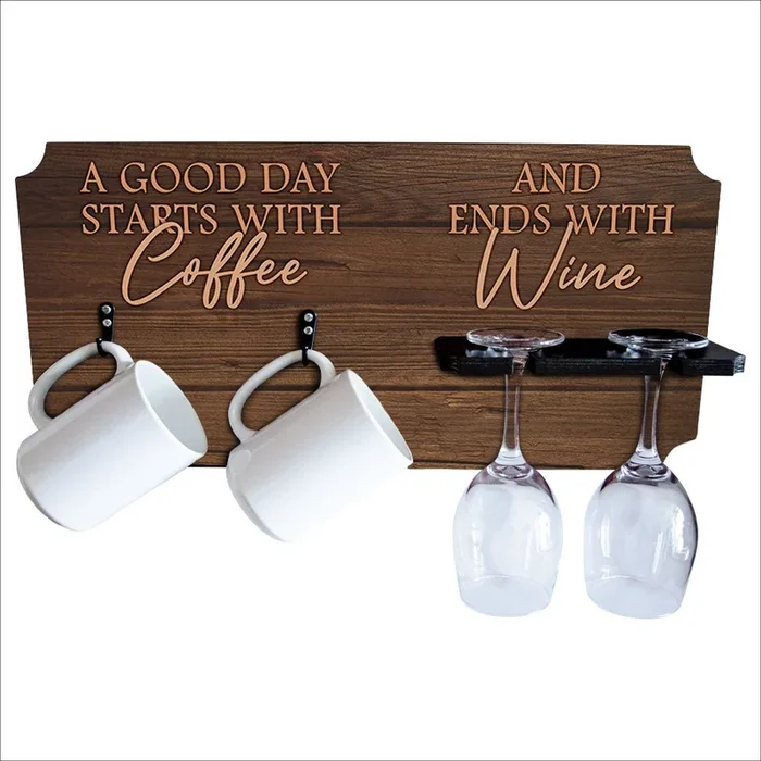 “Good Day Starts With Coffee and Ends With Wine” Coffee Mug and Wine Glass Holder