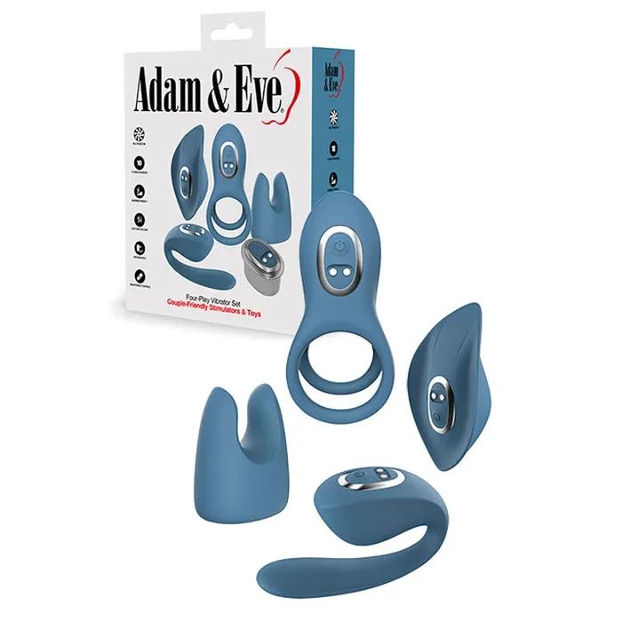 Adam & Eve FOUR-PLAY Vibrator Set – Blue USB Rechargeable Couples Play Kit