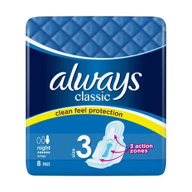 Always Classic Night Sanitary Towels With Wings Size 3 8 Pads