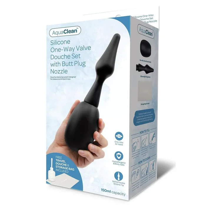 AquaClean Silicone 1-Way Valve Douche Set with Butt Plug Nozzle – 150 ml Capacity with Free Travel Douche Included
