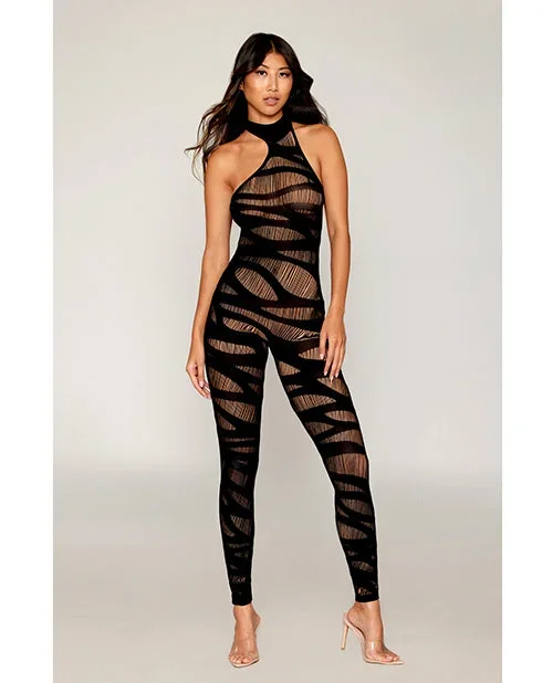 Asymmetrical Knitted Bodystocking w/Slash Design – Black O/S