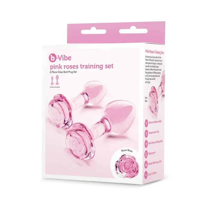 B Vibe Pink Roses Glass Butt Plug Training Set 2Pc
