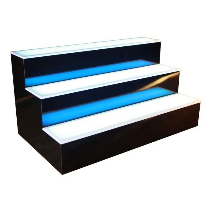 BarConic® LED Liquor Bottle Display Shelf – 3 Tier (Step) – Black – Multi-Colored Lights – Several Lengths