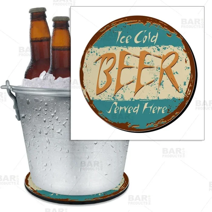 Beer Bucket Coaster – Retro Ice Cold Beer Served Here – 8.75″ Diameter (Reuseable)