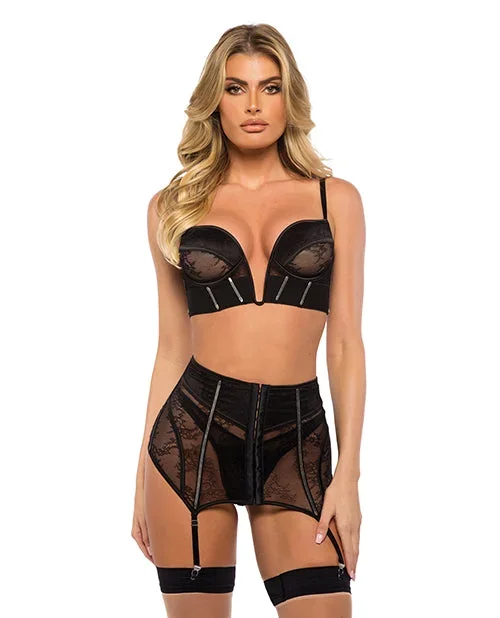 Belle Noir Chantilly Lace and Satin Garter Skirt 3 pc Set – Black LG