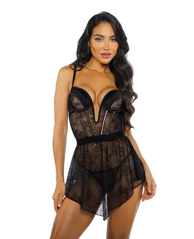 Belle Noir Chantilly Lace and Satin Garter Skirt 3 pc Set – Black