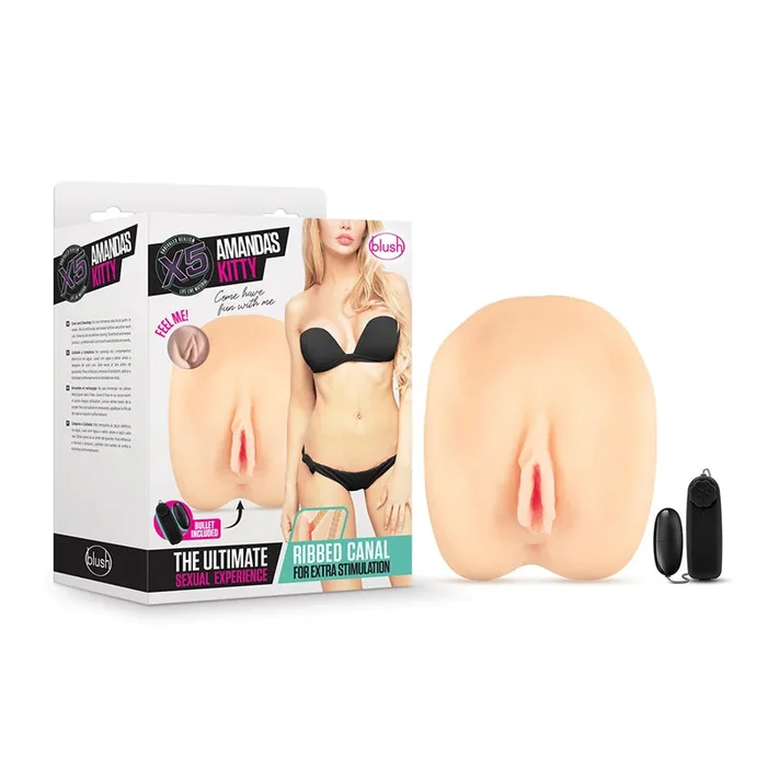 Blush X5 Men Amanda’s Kitty Dual Entry Masturbator with Remote-Controlled Bullet Vibrator Beige