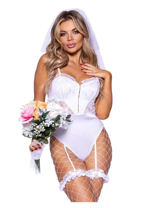 Bridal Babe Lace Garter Bodysuit, Bow and Train Bustle, and Bridal Veil