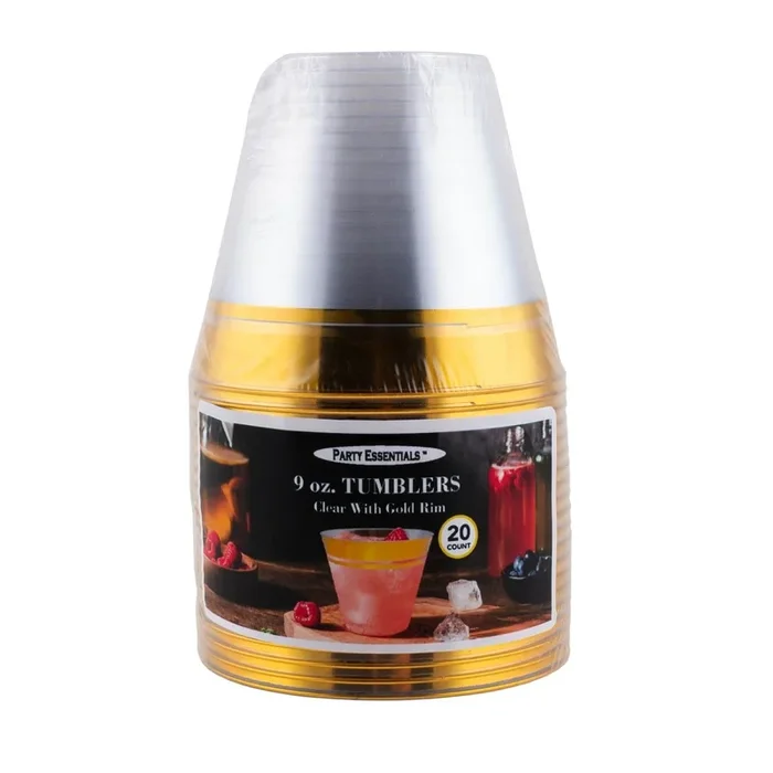 Clear Plastic Tumbler – Option of Gold or Silver Rim – 9oz