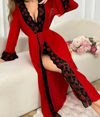 Color-Contrast Lace Wide Sleeve Belted Mesh Women Sleepwear