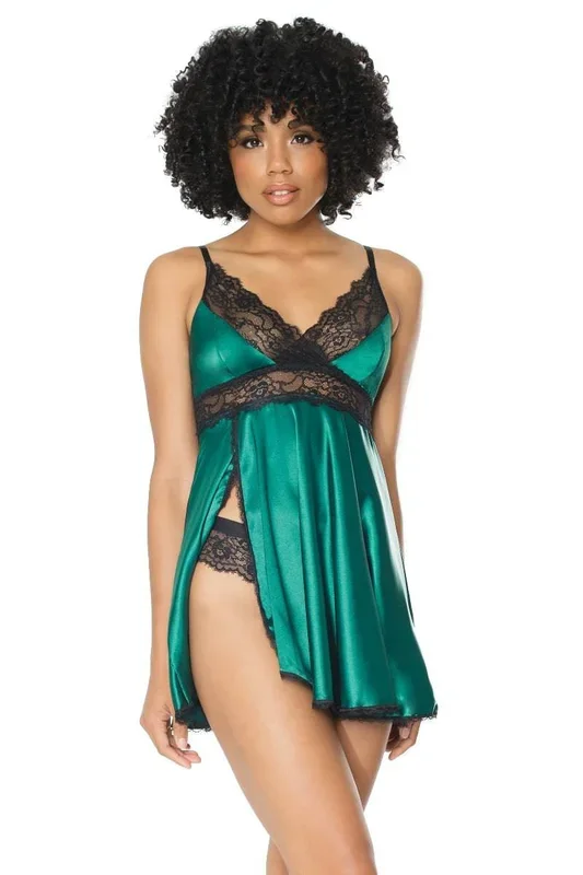 Coquette – 20302 – Lace & Satin Babydoll & Thong Set – Green/Black