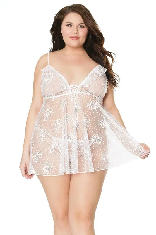Coquette – 21101X – Plus Size Babydoll & G-String Set – White – OS/XL
