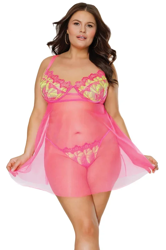 Coquette – 24112 PLUS – Babydoll & Thong – Pink/Yellow