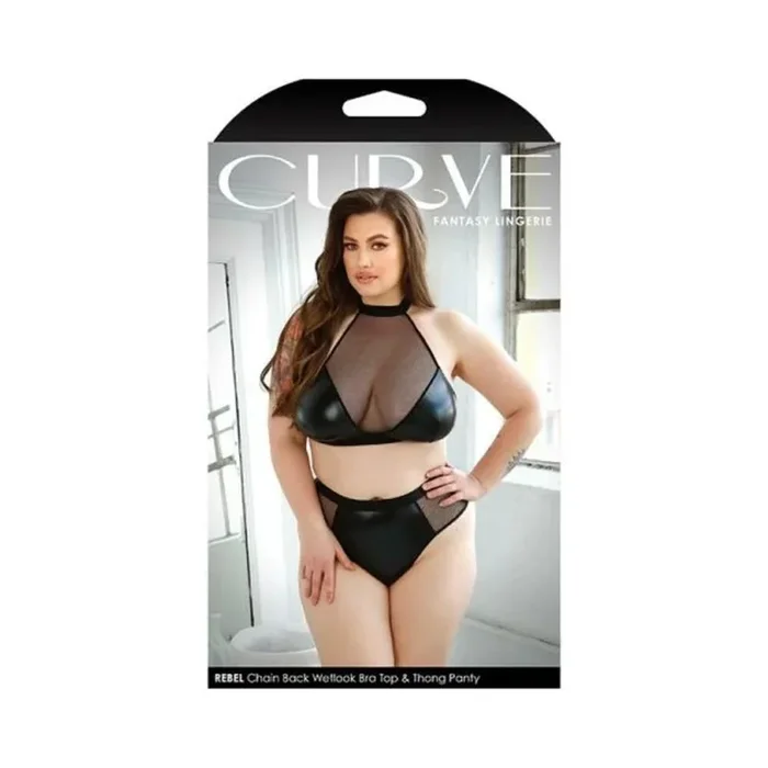 Curve Rebel Chain Back Wetlook Bra Top & Matching Thong Panty 1x/2x Black