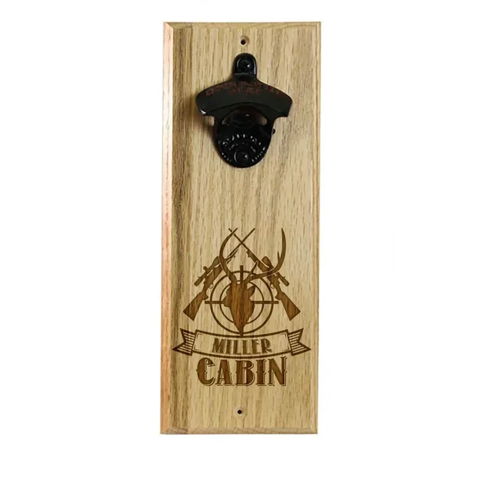 Custom Engraved Wooden Wall Bottle Opener w/ Magnetic Cap Catcher – Hunting Cabin Theme
