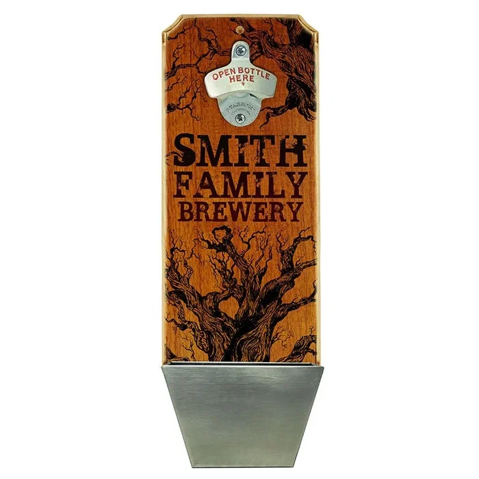 Custom Wall Mounted Wood Plaque Bottle Opener and Cap Catcher – Family Brewery