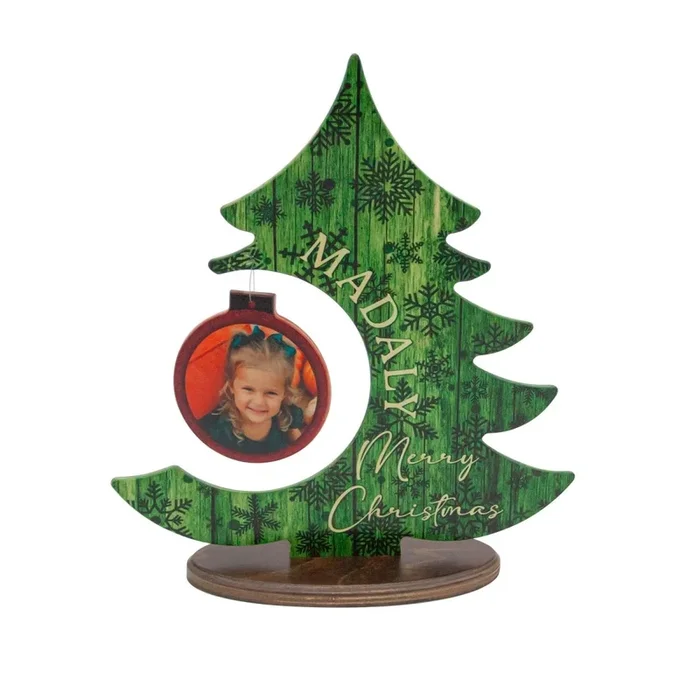 Custom Wooden Standing Christmas Tree Plaque With Photo Ornament