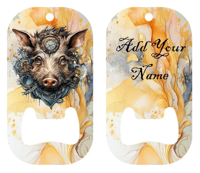 Customizable Dog Tag Bottle Opener – Add Your Name – Steampunk Pig