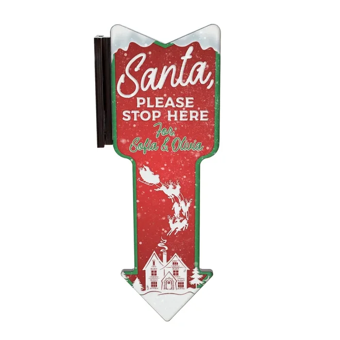 Customizable Vertical Hanging Wooden Arrow Sign Plaque – Santa, Stop Here – Handcrafted in the USA