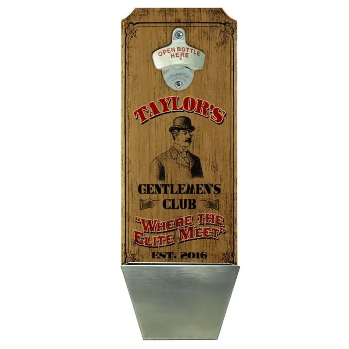 CUSTOMIZABLE Wall Mounted Wood Plaque Bottle Opener & Cap Catcher – Gentlemen’s Club