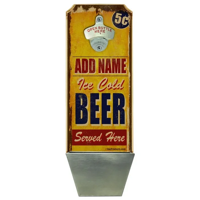CUSTOMIZABLE Wall Mounted Wood Plaque Bottle Opener & Cap Catcher – Vintage Ice Cold Beer
