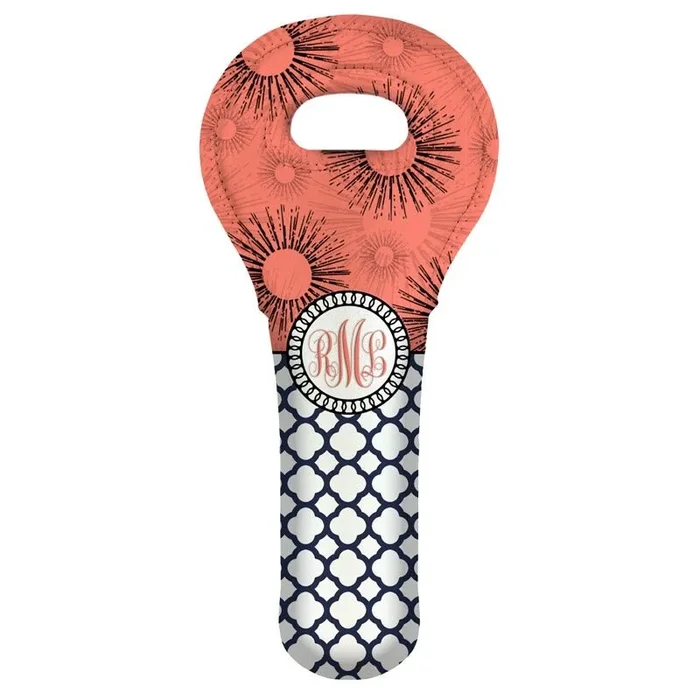 CUSTOMIZABLE Wine Tote – Monogram Design – Pink Sunburst // Lattice Pattern