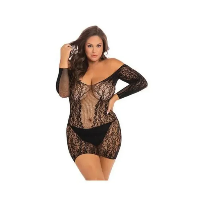 Demure Long Sleeve Mini Dress Black 1x/2x