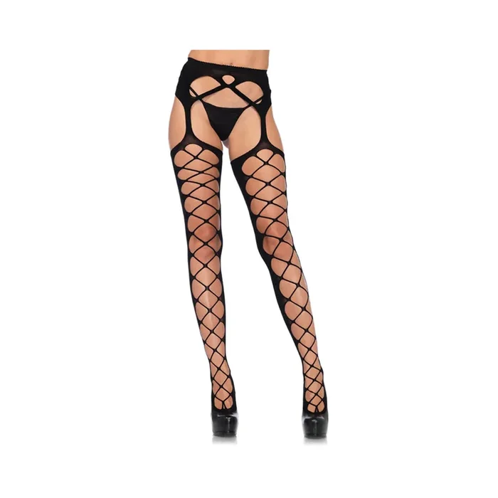 Diamond Net Opaque Stockings With Attached Garter Belt O/s Black