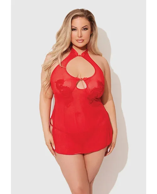 Dragon Mesh & Applique Chemise w/G-String 2 pc Set – Red 3X/4X