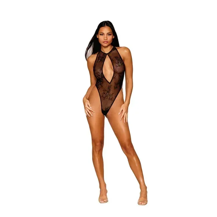 Dreamgirl Stretch Lace Halter Teddy with Open Rhinestone Fringe Back