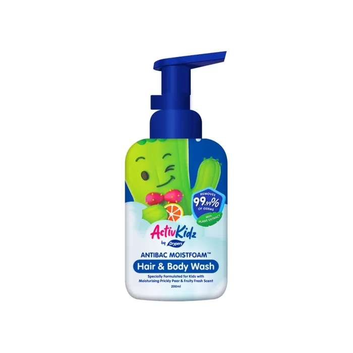 Drypers ActivKidz Antibac Moistfoam Hair and Body Wash Prickly Pear and Fruity Fresh 200ml