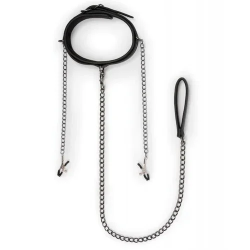 Easy Toys Faux Leather Collar w/Nipple Chains – Black