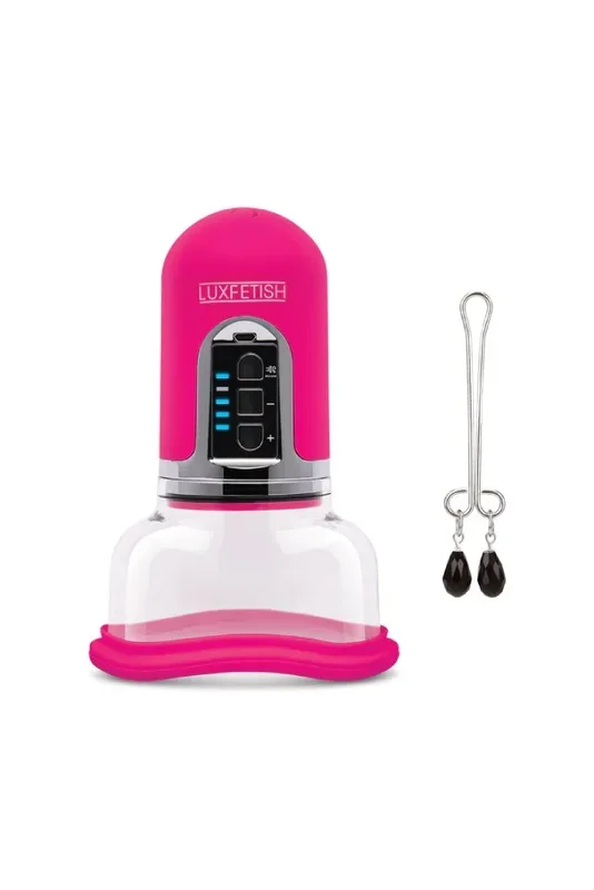 Electric Eel – Lux Fetish – Rechargeable 4-Function Auto Pussy Pump With Clit Clamp – Pink