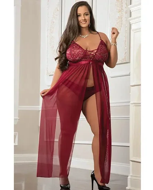 Empire Waist Laced Sheer Long Dress & Panty – Plus Sized Lingerie