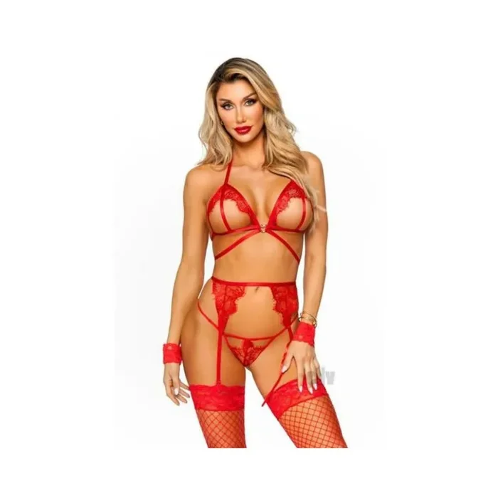 Eyelash Bra Garter Gstring 4pc Os Red