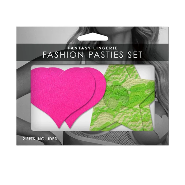 Fantasy Lingerie GLOW Fashion Pasties Set – Neon Green & Solid Pink – 2 Sets Included