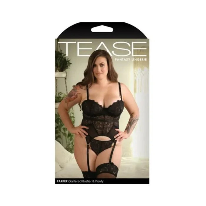 Fantasy Lingerie Tease Parker Gartered Lace Bustier & Panty Black 1xl/2xl