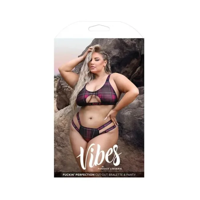 Fantasy Lingerie Vibes Fuckin’ Perfection Plaid Mesh Cut Out Bralette & Panty Black Queen Size