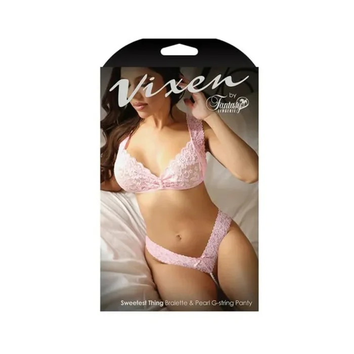 Fantasy Lingerie Vixen Sweetest Thing Lace Bralette & Pearl G-string Panty Pink L/xl