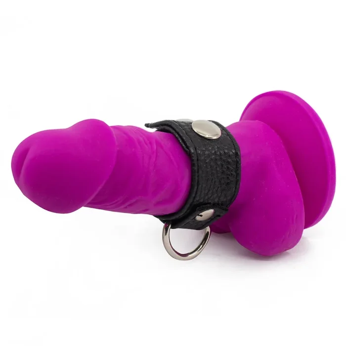 Faux Leather Snap Button Cock Ring With D-Ring