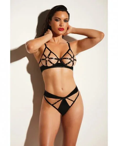 Fetish Dominant Open Cup Caged Bra W/grommet Tape Strapping & Panty Black Sm