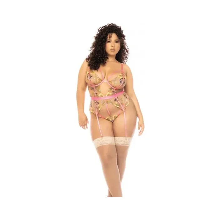 Floral Embroidered Teddy W/underwire Cup & Garters Pink 1x/2x