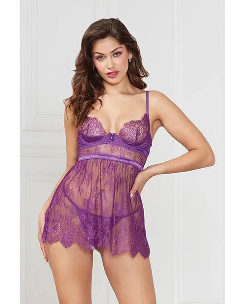 Floral Eyelash Lace Underwire Babydoll w/Thong 2 pc Set – Purple XL