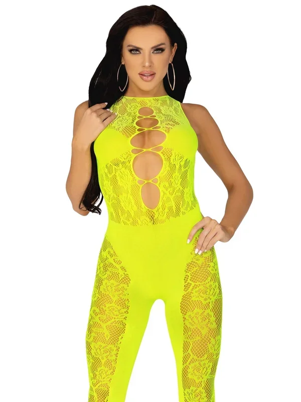 Floral Lace Convertible Footless Lingerie Jumpsuit, Neon Yellow, One Size